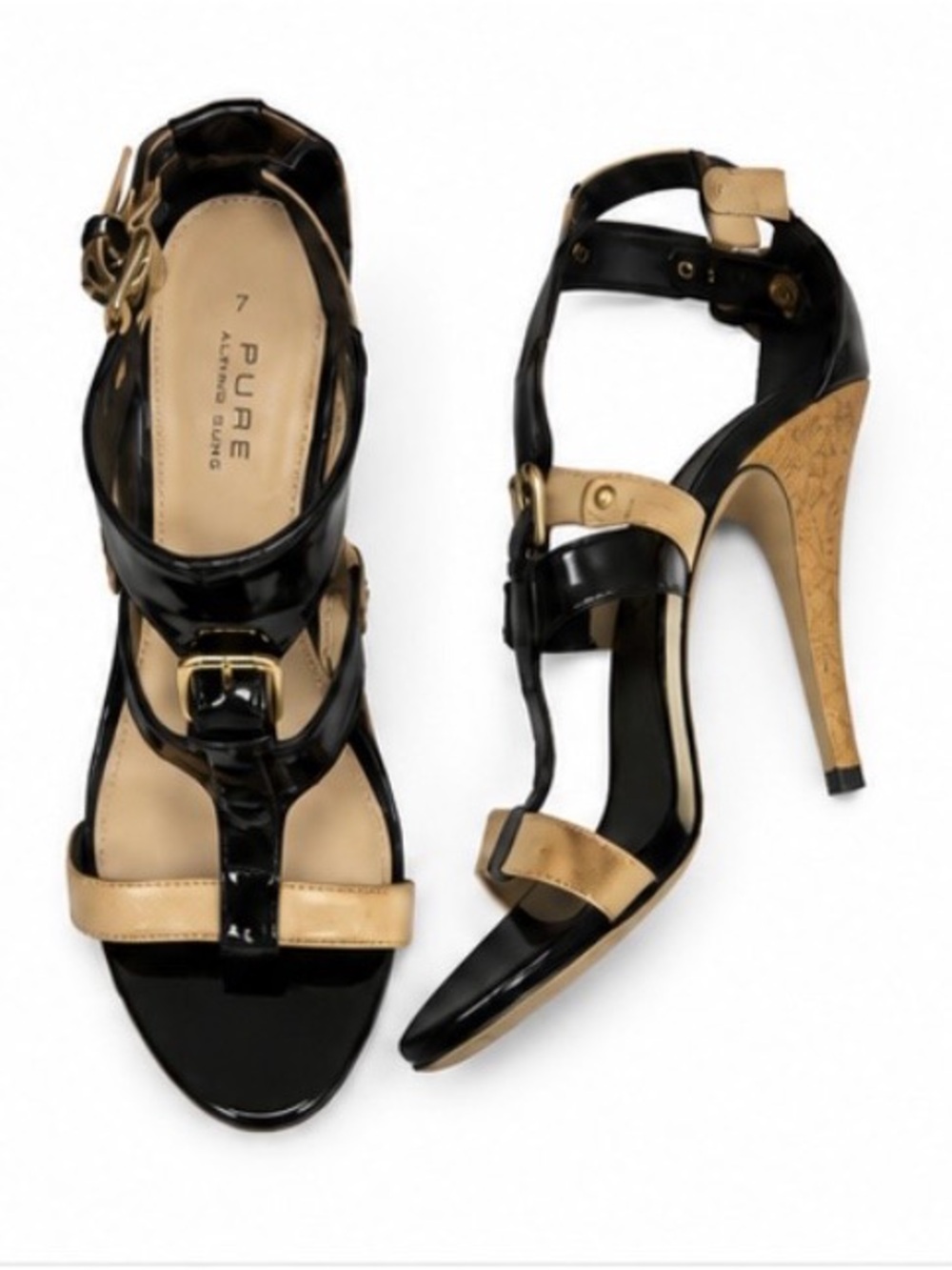 Pure Alfred Sung Patent T-Strap Cork Heel Sandals Black & Beige 7